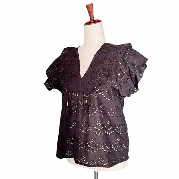 NWT Nicole Miller Top Black Cotton Eyelet Flutter Sleeve Blouse Size Small NEW - Picture 16 of 16